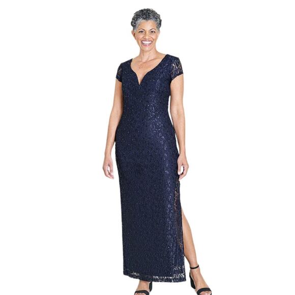 Connected Apparel Grace Navy Short Sleeve Sequin Lace Maxi Dress Size 14 NWT - Picture 1 of 11